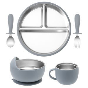 5PCS Stainless Steel Detachable Dishes Plate Baby Feeding Set With BPA Free Silicone Bowl Cup Infant Training Fork Spoon Gifts