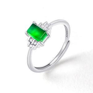 TIMESWIND Temperament Women Natural Green Square Jade S925 Silver Open Ring with Certificate