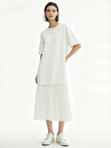 AMII | New Summer Round Neck Loose Spliced Air Layer Chiffon Dress