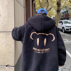 Extra Large 300 Pounds American Bear Embroidery Lamb Fur Cotton Jacket Mens Winter Thick Warm Cotton Coat Outerwear