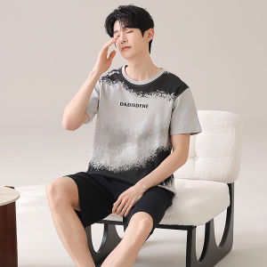 Miiow | Mens Summer Lightweight Short Sleeve Sleepwear Set Loose Fit Pure Cotton Home Clothes Catman Casual Printed Round Neck Shortie