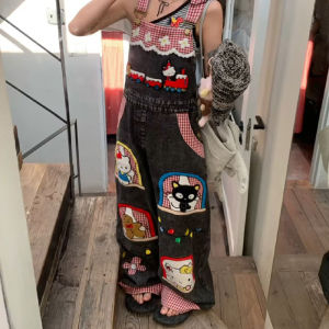 XIBAIYI | Plus Size Cartoon Patchwork Embroidered Bib Overalls