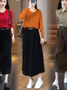 Slimming Mid-Length A-Line Skirt High Waist Covering Hip Large Swing Vintage Style Commute Friendly Half-length Skirt