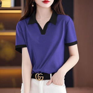 New Summer Color Block Polo Neck Short Sleeve T-Shirt Loose Fit Pure Cotton Casual Slimming Top Artistic Style Comfortable Wear