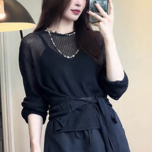 Fashionable Korean Style Knitted Top Belted round Neck Long Sleeve Loose Slimming Trendy Spring 2025 Commute Style plus Size