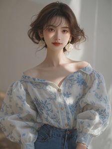 เสื้อเชิ้ตผู้หญิงแขนยาวคอวีแขนพองทรงหลวมสไตล์ฝรั่งเศส ผ้าลินินป้องกันแสงแดด สีฟ้า ดีไซน์ไหล่เดียว เสื้อเชิ้ตระดับไฮเอนด์