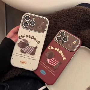 Cute Cartoon Puppy Leather Texture Plating Large Window Couple Phone Case For iPhone 16 15 14 13 12 11 Pro Max Shockproof Cover