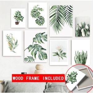 (With Frame) Nordic Green Leaf Canvas Painting Nordic Tulip Wall Painting with Frame Poster Printing Modern Painting Living Room