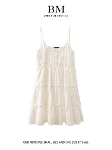 BM Womens Dress Elegant Strap Long Dress Light Beige New 2024 Summer Cotton Sweet Style Natural Waist A-Line Midi Dress