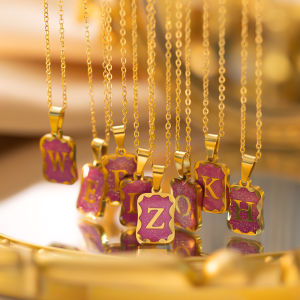 English Letter Initial Necklace 18K Gold Plated Necklace Stainless Steel Square Letter Charm Pendant Necklace for Women