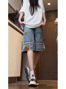 กางเกงขาสั้นยีนส์ทรงตรงหลวมๆ สำหรับผู้หญิง กางเกงขายาวทรงตรงสไตล์อเมริกันสตรีทใหม่ ฤดูร้อน 2025 ดีไซน์เข้ารูป กางเกงยีนส์ทรงตรง