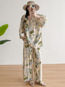 Ladies Summer Thin Cotton Silk Sleepwear Loose Wide Leg Pants Long Sleeve Top Bottom Set Artificial Cotton Home Clothes
