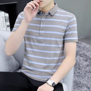 Pure Cotton Mens Short Sleeve T-Shirt Summer Thin New Stripe Turn-down Collar POLO Shirt Korean Style Upper Body Clothes T