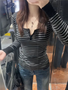 Black and Gray Stripe U Neck Long Sleeve Sweater