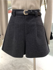 Elegant High Waist A-Line Woolen Wide Leg Shorts Belted Boot Pants Versatile Casual Trousers for Women Autumn Winter New Arrival