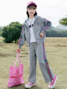 Girls Autumn Fashion Sportswear Set Cotton Blend Long Sleeve Zipper Closure Pants And Top Two-Piece Ensemble for Ages 3-14