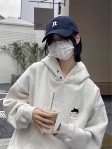 Heavyweight Retro American Button Sweatshirt Autumn Winter Mens Lazy Style Trendy Brand Fleece Lined Thickened Hooded Loose Outerwear