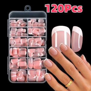 120Pcs Pink French Short Square False Nails 12-Sizes Full Cover Press On Nails Wearable Detachable Finished Fake Fingertips *TD