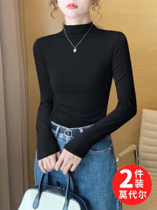 เสื้อเชิ้ตคอปกกลางสีดำแบบบาง แขนยาว ทรงสลิมฟิต ผ้าโมดอล สำหรับผู้หญิง ฤดูใบไม้ร่วง/ฤดูหนาว เสื้อชั้นในสุดเก๋