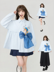 Keiko | Light and Fresh Bow Tie Patchwork Blue Long Sleeve Shirt