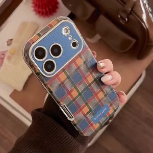 Korean Grid Pattern Leather Texture Phone Case For iPhone 17 16 15 14 13 12 11 Pro Max Plus Electroplating Shockproof Soft Cover