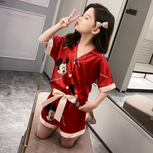 Girl Pajamas Suit 6 Years Old Summer Clothes 7 Childrens Thin 8 Ice Silk 9 Girls 10 Summer 11 Primary School Students Short Sleeve Princess
