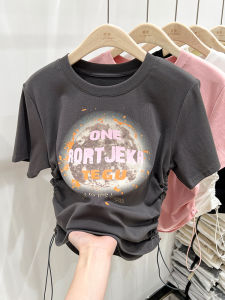 Gray Drawstring American Retro Shoulder Short Sleeve T-Shirt Women Summer Design Sensation Small Size Short Top Summer