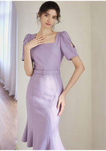 Đầm thanh lịch thiết kế đuôi cá cổ vuông màu tím môn