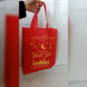 Tas Parcel Lebaran Idul Fitri & Haji Umroh: 12 pcs Tas Kain Spunbond Ukuran 25x35 cm
