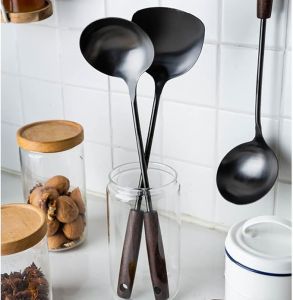 14 inch SUS304 Stainless Steel Wok Spatula & Ladle 2pcs/set Specialty Chinese Household Wok Utensil SetWith Heat Resistant Wooden Handle & Hanging Hole