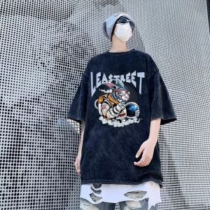 เสื้อยืดคอกลมแขนสั้นผ้าฝ้ายแท้พิมพ์ลายแฟชั่นฤดูร้อนสำหรับผู้ชาย สไตล์อเมริกันย้อนยุค ทรงหลวม ทรงสั้น สวมใส่สบาย ลำลอง