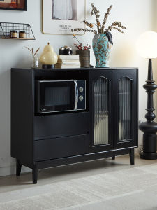 Black Solid Wood Sideboard Multi-Function Microwave Oven Kitchen Cabinet Retro Living Room Storage Wall-Mounted Furniture