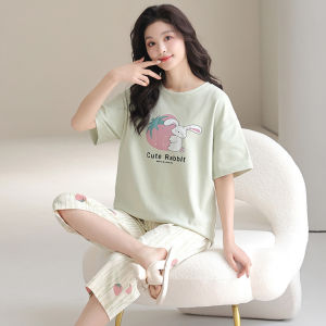 Miiow | Pure Cotton Short Sleeve Sleepwear Set For Women Summer New Style Comfortable Home Clothes Large Size Seven-Foot Pants