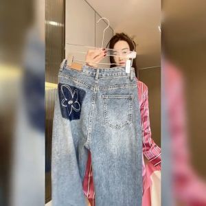 ⚡Port⚡2025 NEW High Waist Pants Flower Embroidery Straight Leg Jeans Women Loose Wide Leg Jeans