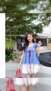 Ambella เสื้อคอเหลี่ยม ลายริ้ว มีสายผูกที่เอว น่ารักมากfashion style woman