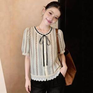 Slimming Lace Patchwork Striped Embroidery Summer Shirt