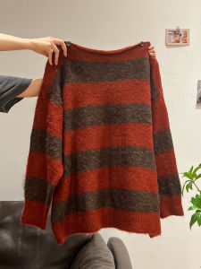 เสื้อสเวตเตอร์ถักแขนยาวคอวีบุขนแกะหนา เสื้อคลุมกันหนาวผู้หญิงฤดูใบไม้ร่วง/ฤดูหนาว แขนยาว ปกโปโล ลายทาง แฟชั่นไฮเอนด์