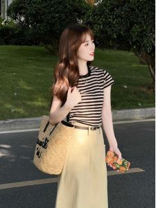 Áo Thun Nữ Tay Ngắn Ôm Vừa Vặn Mùa Hè Phong Cách Hàn Quốc Cổ Tròn in Sọc Đen Áo Lót Thời Trang Ngắn