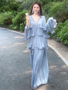 Blue Shirt Dress Set Elegant Gentle Autumn Winter French Style High Waist A-Line Skirt Soft Comfortable Korean Version Commute