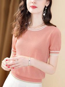 Versatile Ice Silk Short Sleeve Knitted T-Shirt Thin Slimming Large Size Summer Design Womens Fashion Casual round Neck Top