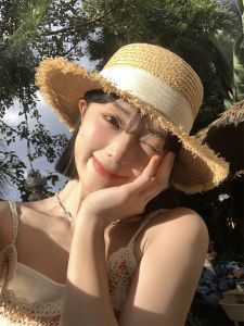 Summer Women's Straw Hat with Bow Tie Beachside Sunshade Anti-Uv Casual Style Outgoing Visor Cap Brim Large Casual Hat