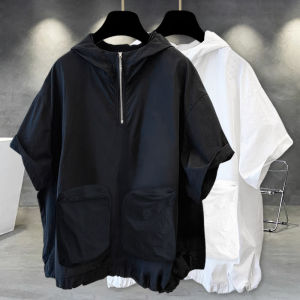 Parka Three-Dimensional Pocket Stylish Hooded Short Sleeve T-Shirt Summer Trendy Mens and Womens Same Half Zipper Niche Style T-shirt