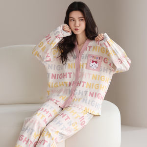 MiiOW | Pure Cotton Sleepwear Womens Long Sleeve Home Clothes Set Casual V-neck Plant Floral Patterned Comfortable Breathable Homewear