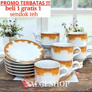 Gratis Sendok Teh 12pcs Cangkir Keramik Set Box Isi Cangkir Campur Piring Tatakan Motif Mahkota Terlaris