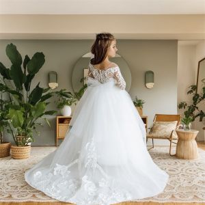 MisShow Váy Hoa Bằng Vải Tuyn Màu Trắng Có Tay Áo Dài Ren Đính Cổ Chữ O Váy Chữ A Dự Tiệc Cưới Váy Phù Dâu Cho Bé Gái 3-9 Tuổi