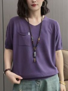 High-End Pure Color Casual All-Match Short-Sleeved T-shirt Mom Wear Summer Thin Cool Fashion Breathable and Loose Small Shirt Women