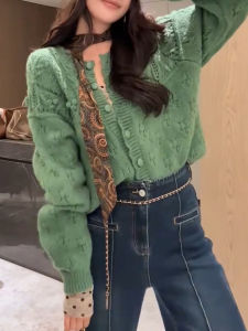 QINGNAER | Plus Size Women Autumn Winter Lazy Style Green Jacquard Knit Sweater