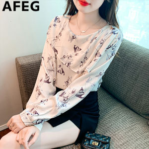 AFEG Korean crew-neck fashion loose temperament vintage ink print chiffon long-sleeved blouse