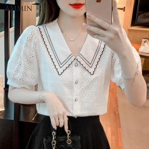 AMMIN Mẫu Mùa Hè Thời Trang Mới Áo Cánh Thêu Hoa Móc Cổ Áo Búp Bê Nút Ngọc Trai Phong Cách Đi Làm Một Hàng Khuy Cho Nữ Áo Ren Phiên Bản Hàn Quốc