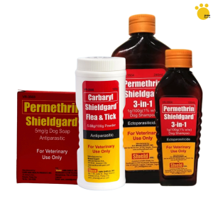 Shieldgard Antiparasitic Dog Soap 90g Shampoo 120ml 240ml and Powder 120g Permethrin Carbaryl for Ticks Fleas and Lice